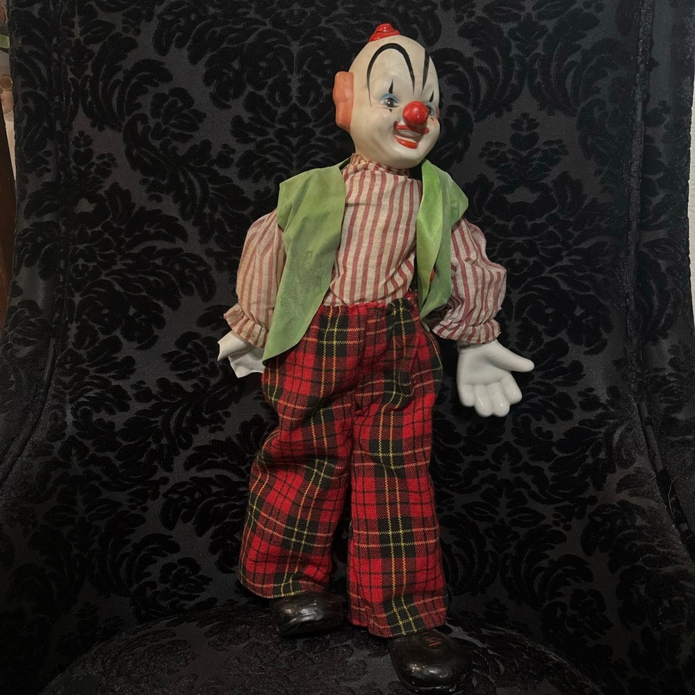 Vintage Porcelain Clown Doll Red Plaid Pants Green Vest Circus Decor AS IS